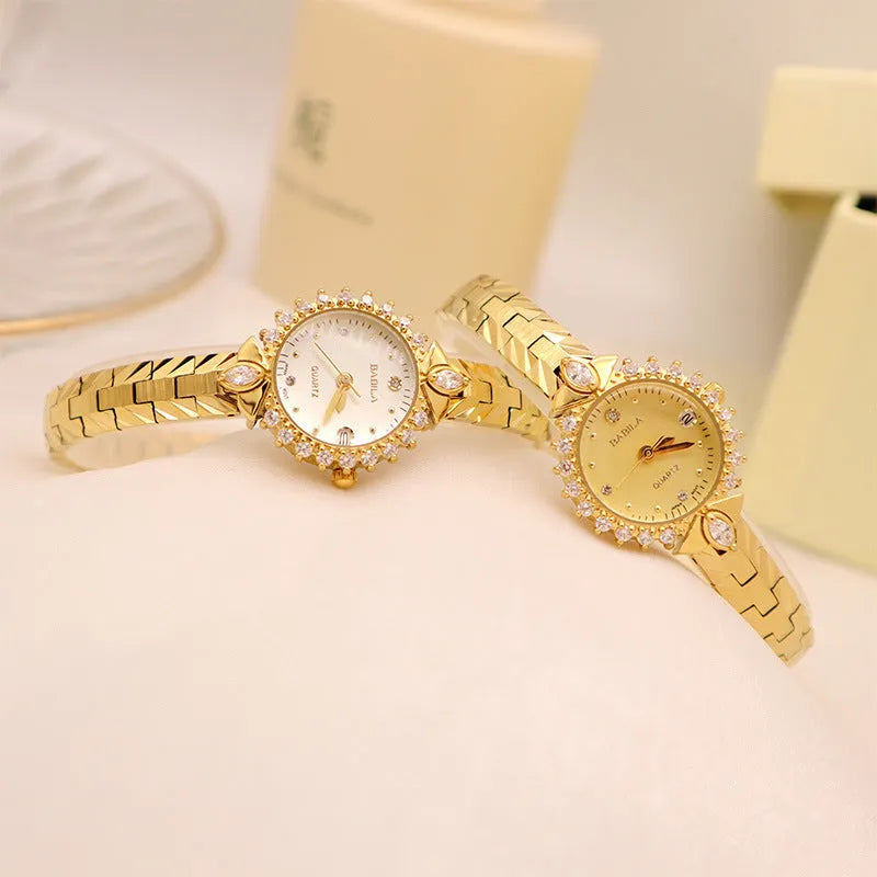 Women's quartz watch with diamond embossed bracelet in gold colour