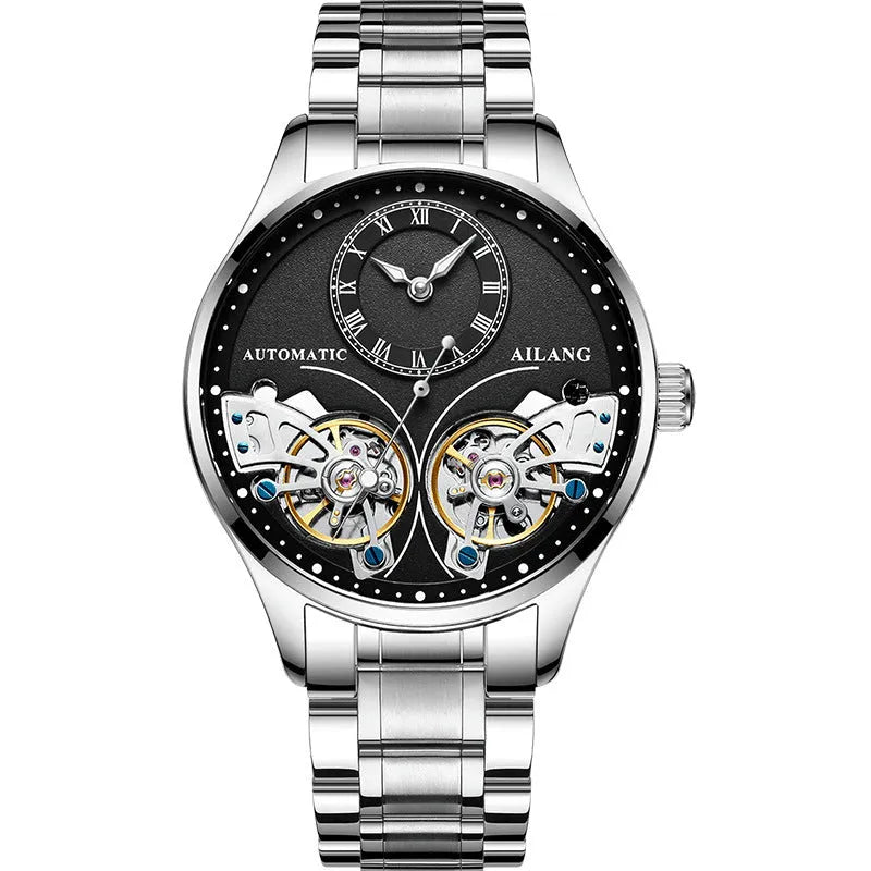 Automatic men's wristwatch with titanium case, round black dial showing tourbillon and moon phase.