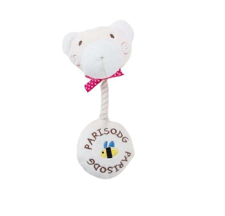 Plush dog toy with cotton rope and sound device in animal designs