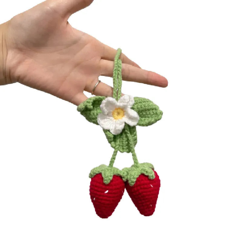 Handmade strawberry-shaped weaving pendant made from cotton and hemp fibres for decorative hanging