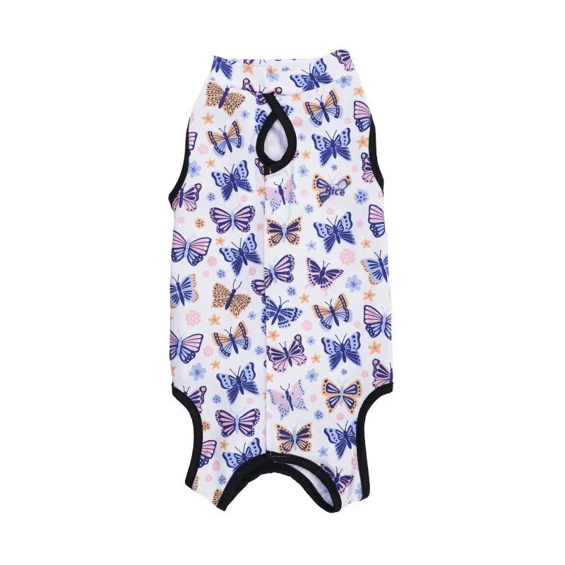 Cat wearing post-operative sterilisation suit with Velcro closure in multiple size options