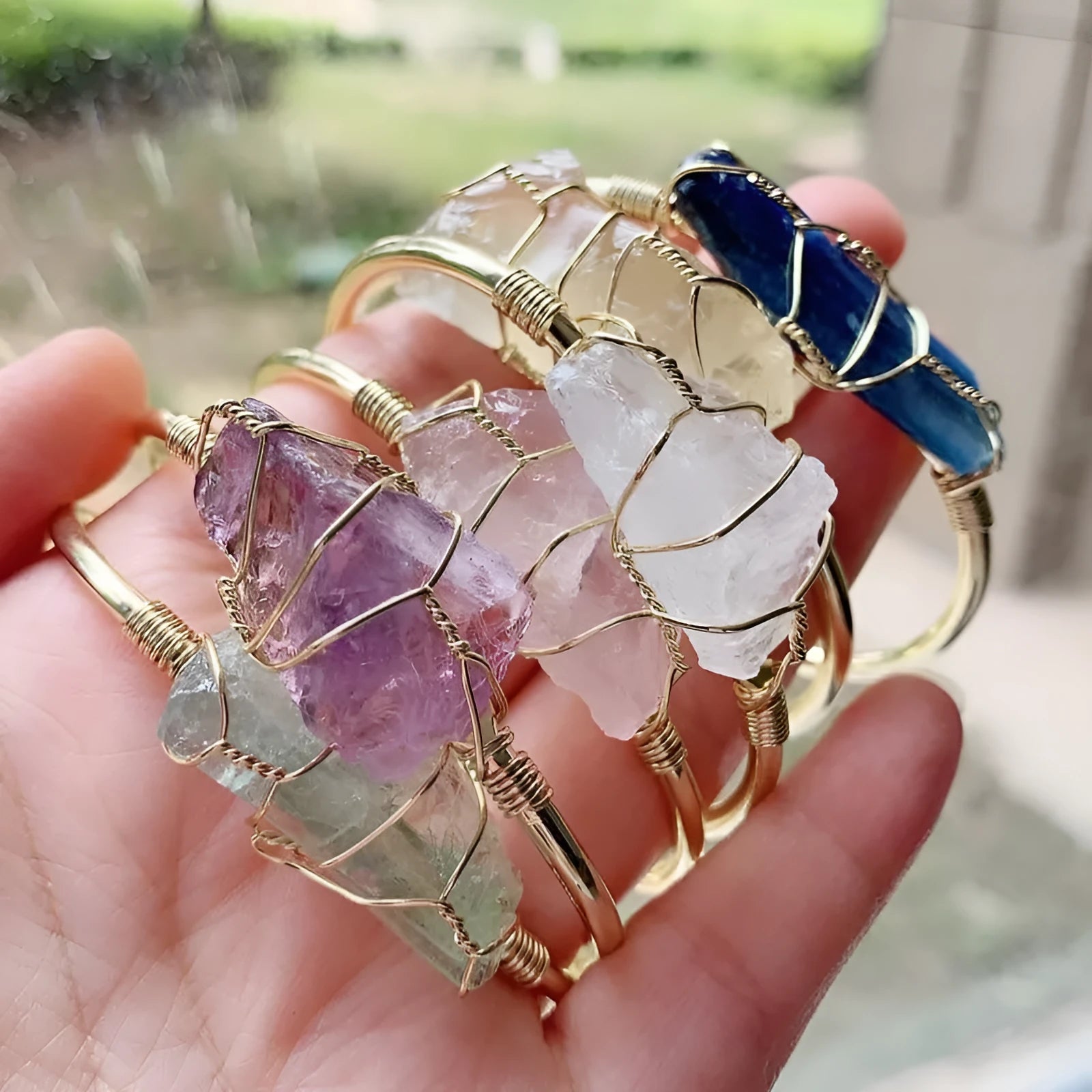 Handmade natural crystal rough stone bracelet with gold wire winding in geometric bohemian style