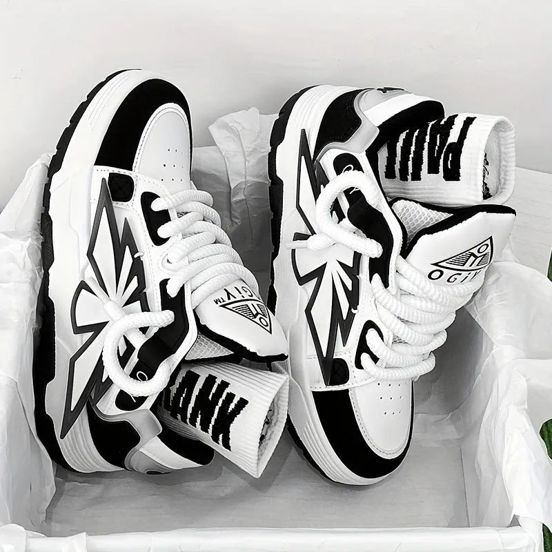 Men's white clunky casual sneakers with cartoon totem pattern, round toe, and lace-up front on a rubber sole.