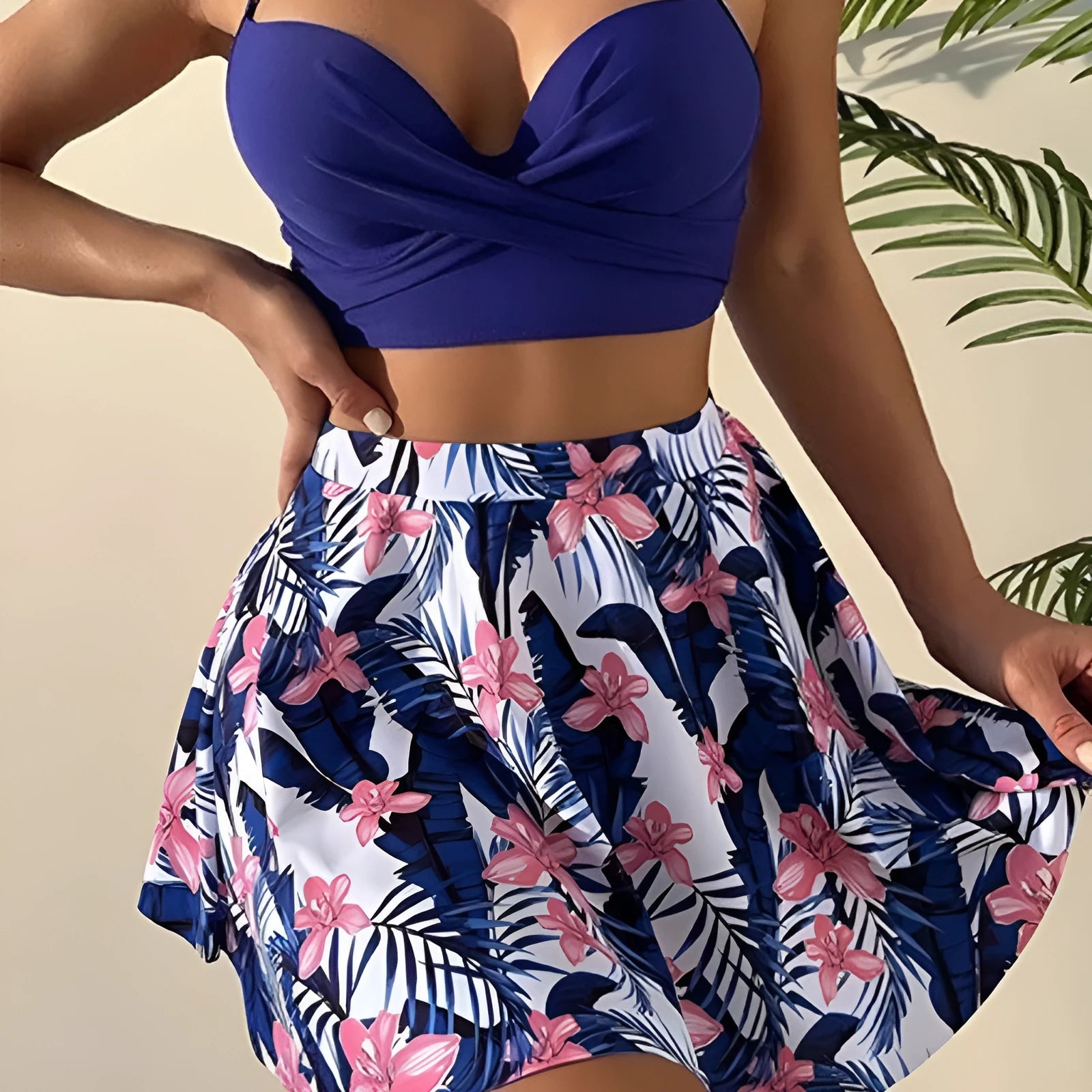 Women's high waist three-piece split bikini swimsuit set in polyester on a mannequin.