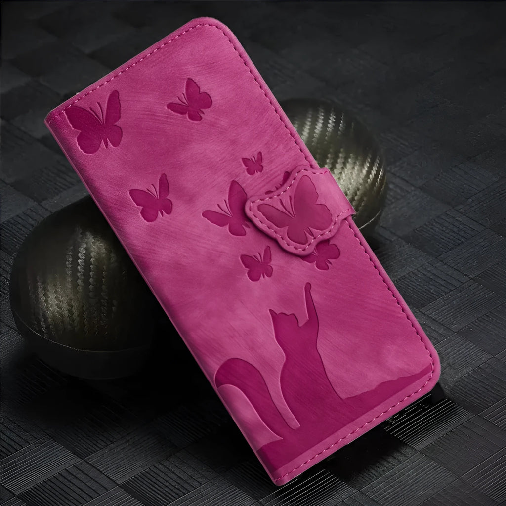 Butterfly cat embossed imitation leather phone case in purple with magnetic bracket for iPhone 14