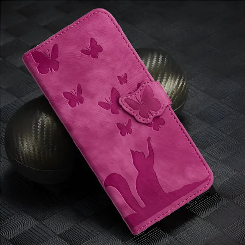 Butterfly cat embossed imitation leather phone case in purple with magnetic bracket for iPhone 14