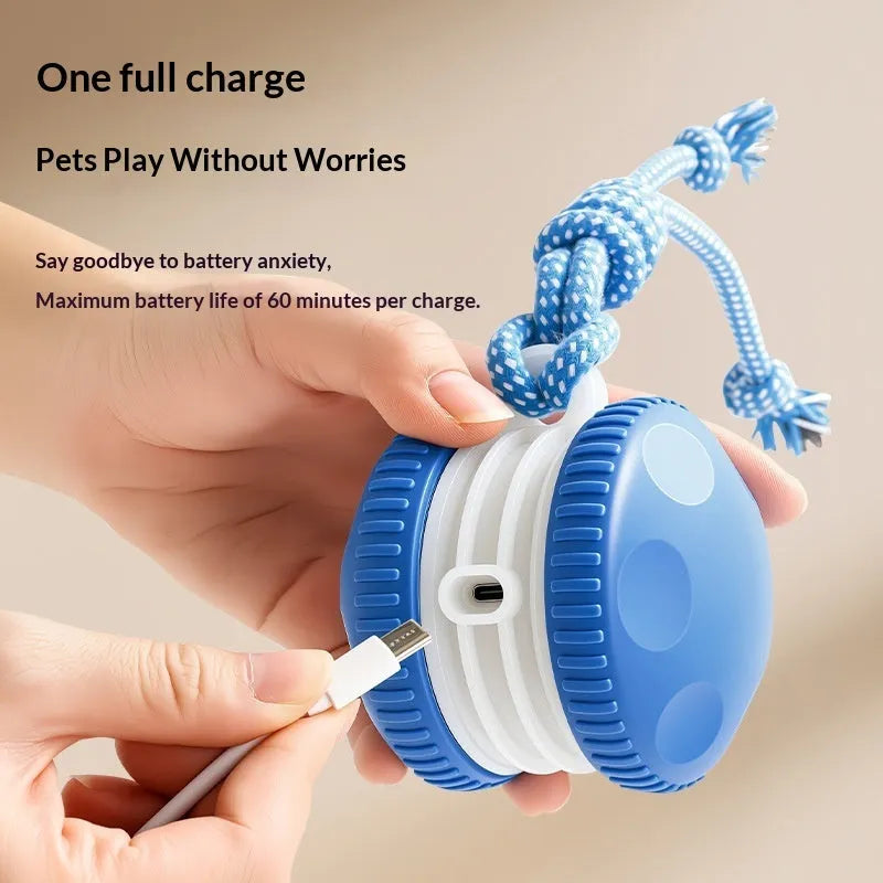Rechargeable ABS rolling ball pet toy in orange colour on a light floor