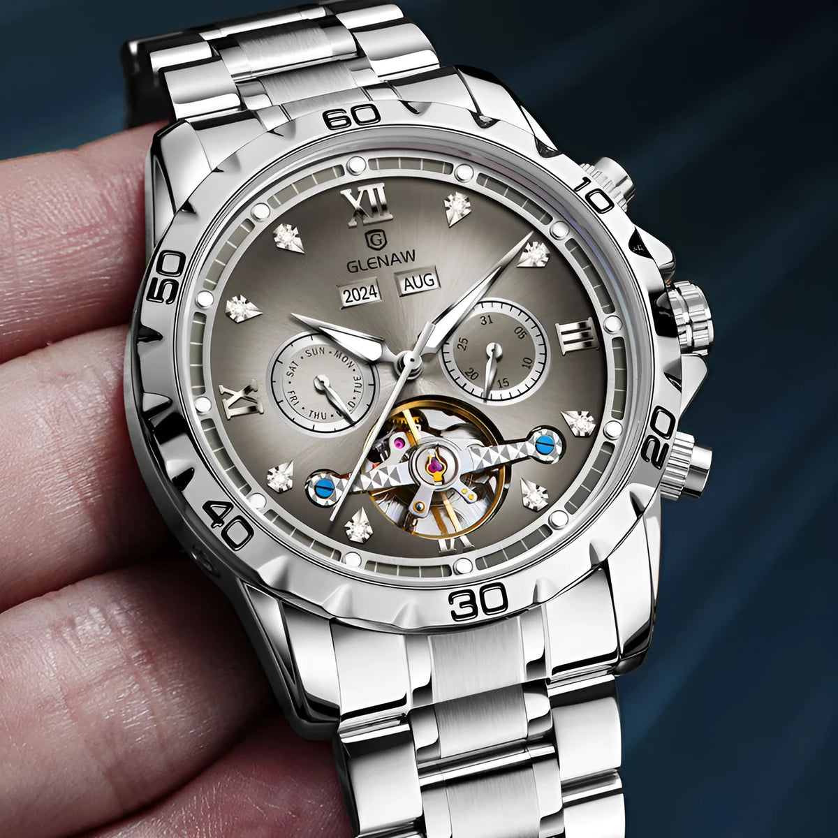 Men's automatic mechanical watch with stainless steel strap and metal case, mineral glass mirror, business style, silver face