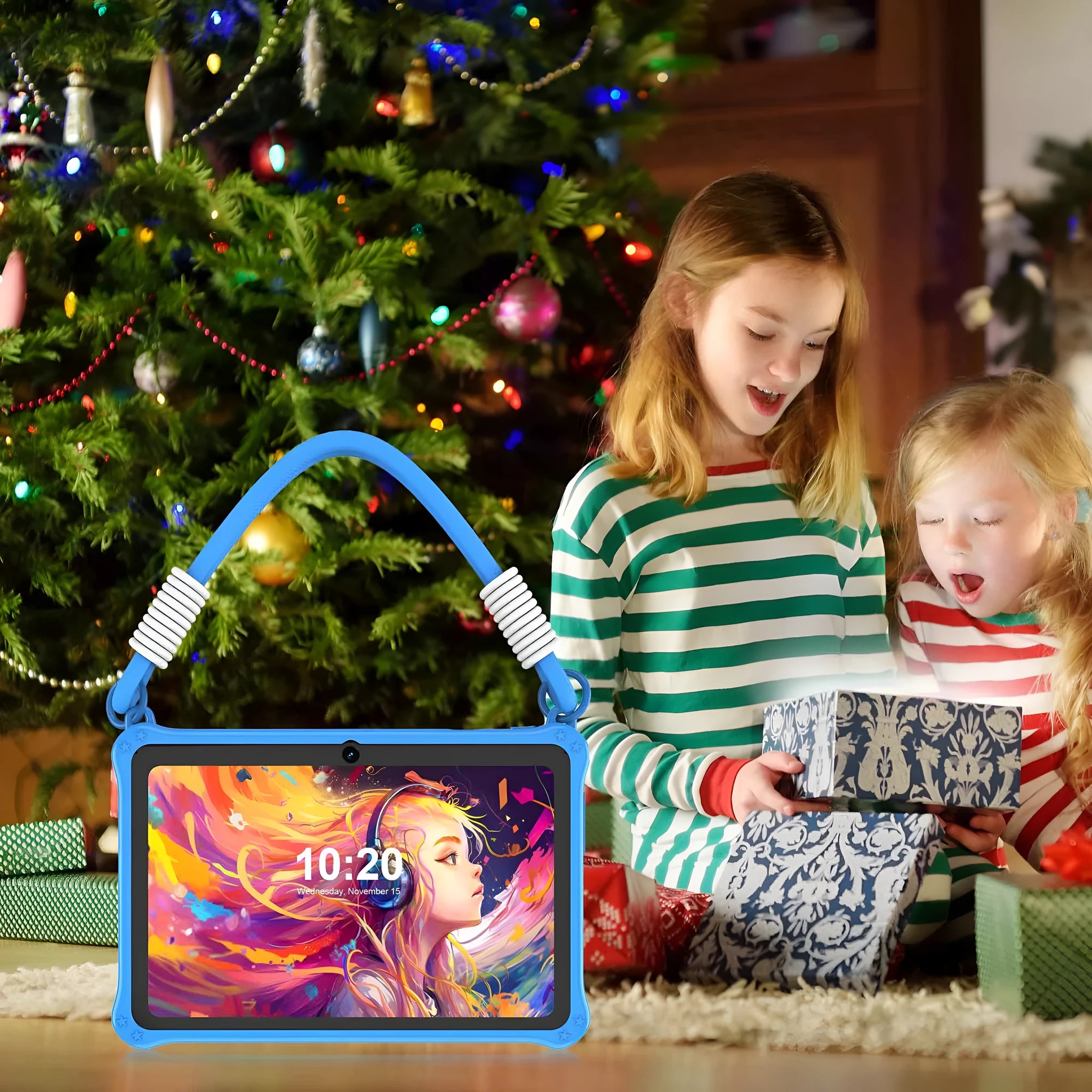 7-inch silicone protective case for children's tablets in sapphire blue and dark pink colours with flat strap