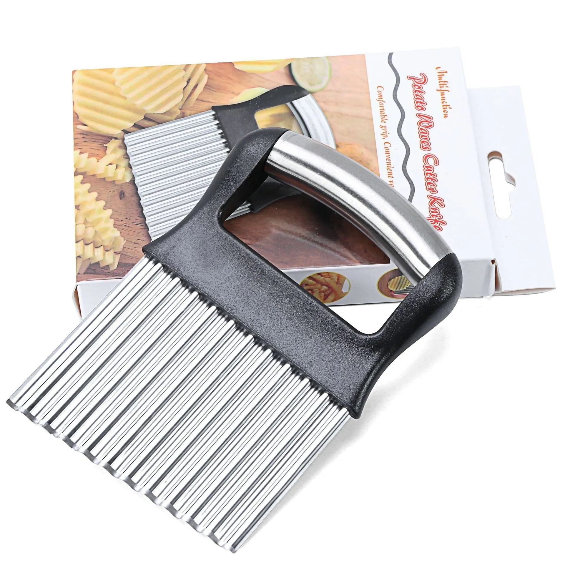 Stainless steel potato wave knife with wavy blade on a kitchen counter.