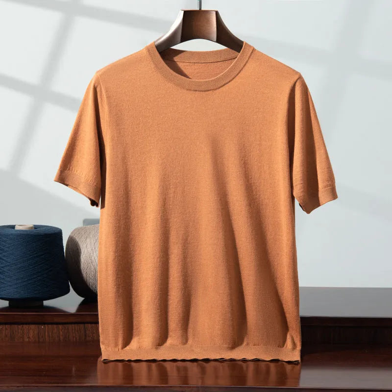 Men's loose-fit knitted casual short sleeve shirt in a choice of eight colours including black, blue, and grey.