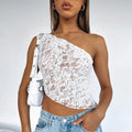 Women's backless lace sleeveless top with asymmetrical neckline in solid colour streetwear style