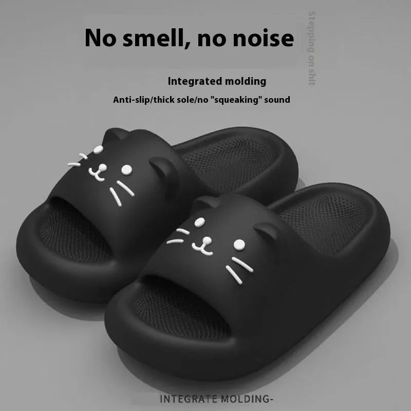 Indoor non-slip PVC bathroom sandals with cartoon print, black pair, suitable for men and women as couples slippers