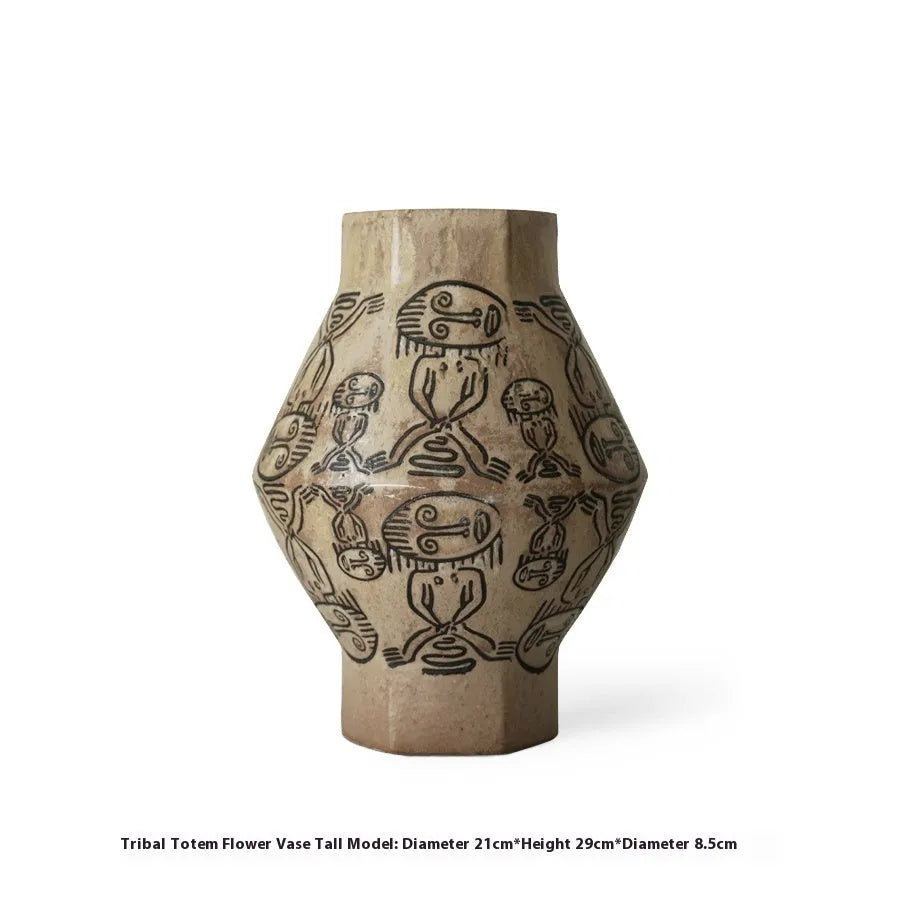 Ceramic cylindrical vase with hand-painted vintage carved tribal totem artwork