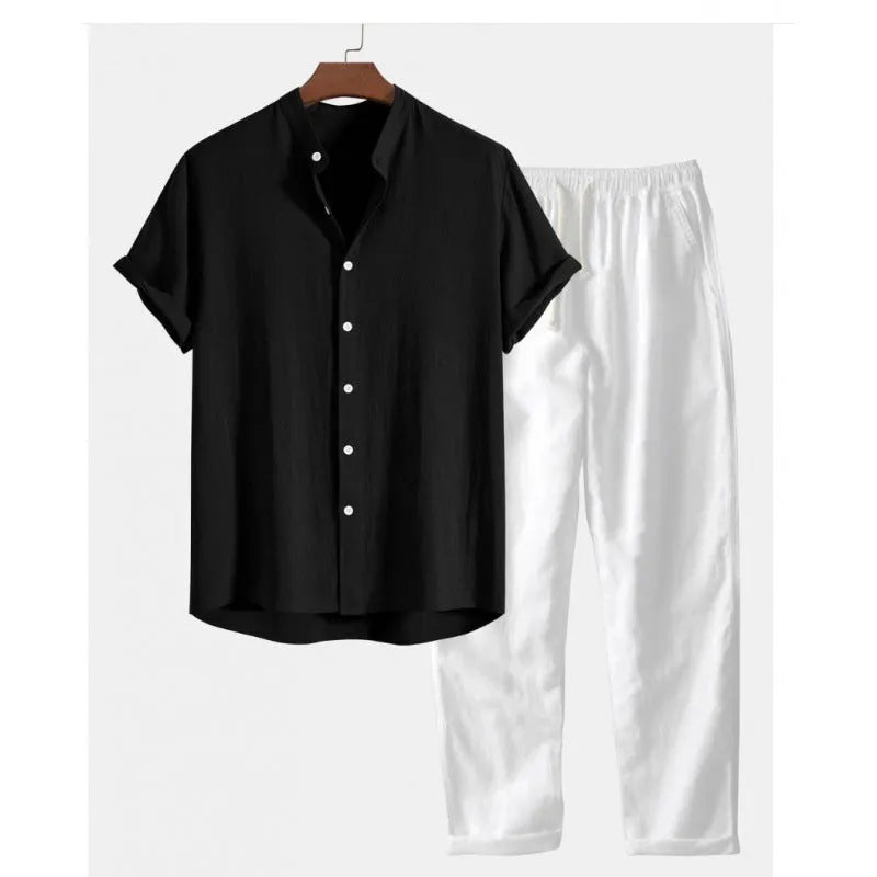 Men's casual linen blend short sleeve shirt and full-length trousers set on a hanger.