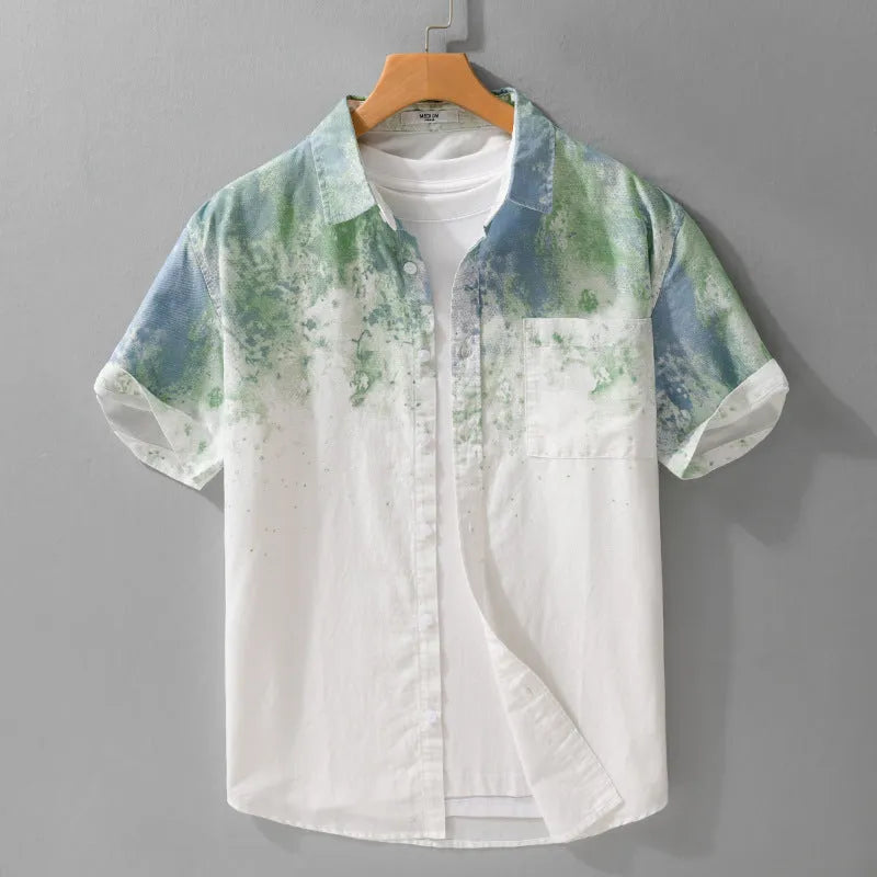 Men's hanging dyed pure cotton short-sleeved shirt in cardigan style with loose fit