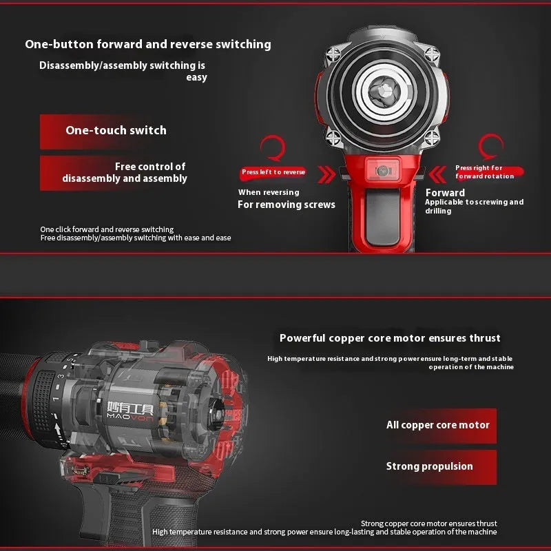 Brushless 21V lithium rechargeable impact electric drill with dual battery and multi-speed control