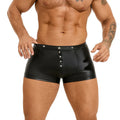 Black PU leather men's boxer shorts with U pouch design on size chart