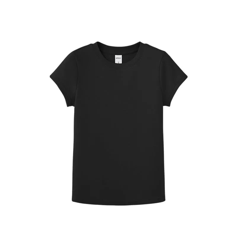 Navy slim fit stretch t-shirt shown in vest and short sleeve styles for men and women.
