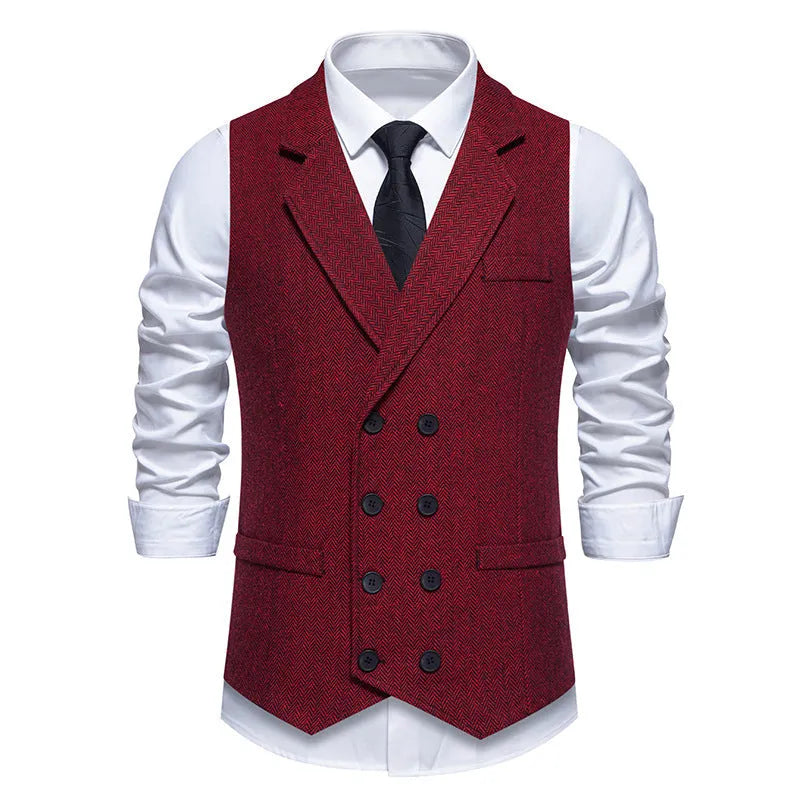Men's herringbone tweed suit vest with double-breasted retro lapels, slim fit, pleated patch pockets, solid colour, straight hem
