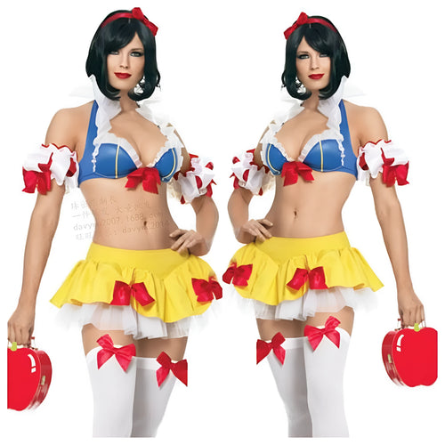 Snow White anime costume dress set with headdress, top, short skirt, and hand sleeves on a mannequin