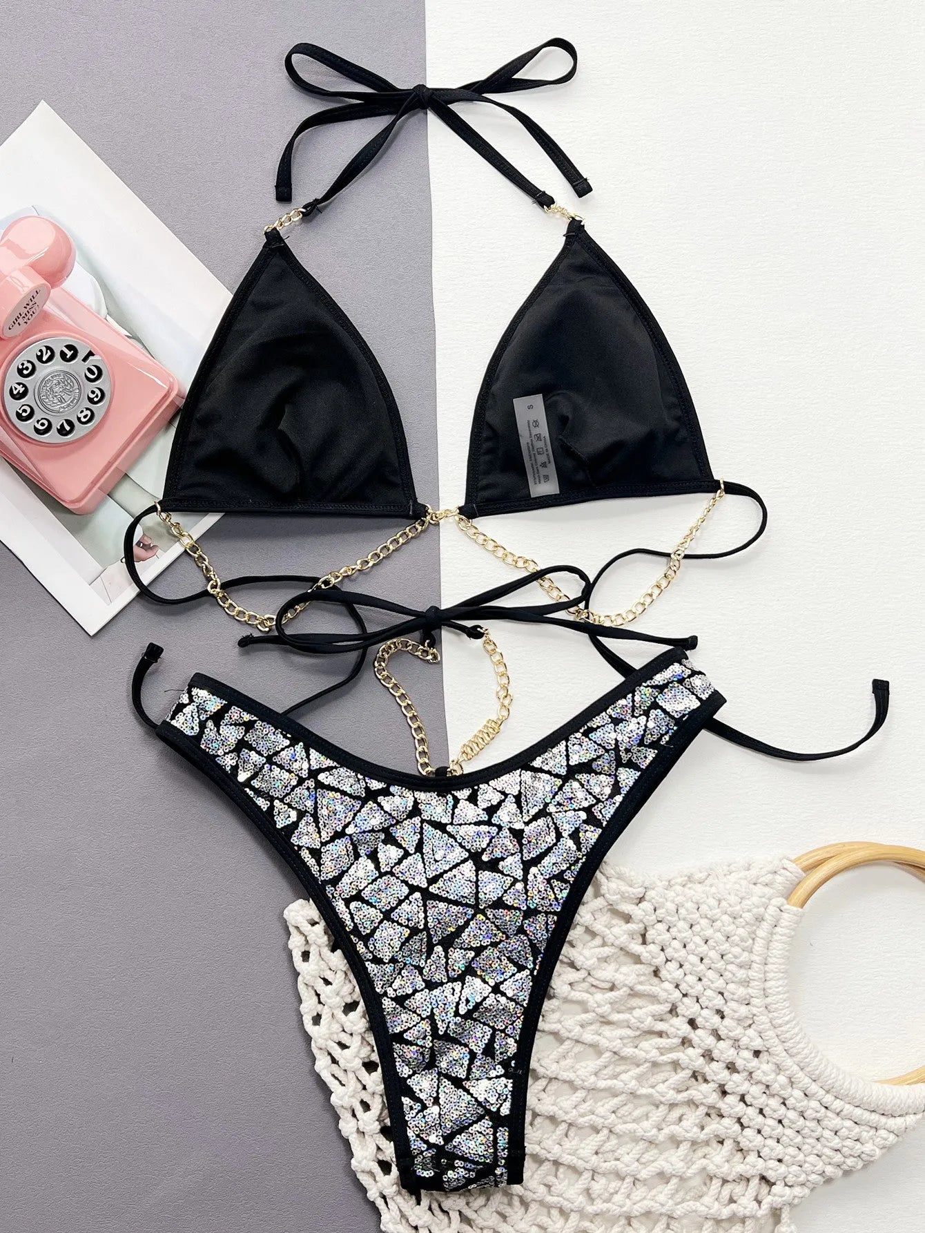 Women's flash iron chain bikini suit silver black polyester two-piece swimsuit with brief-style bottom