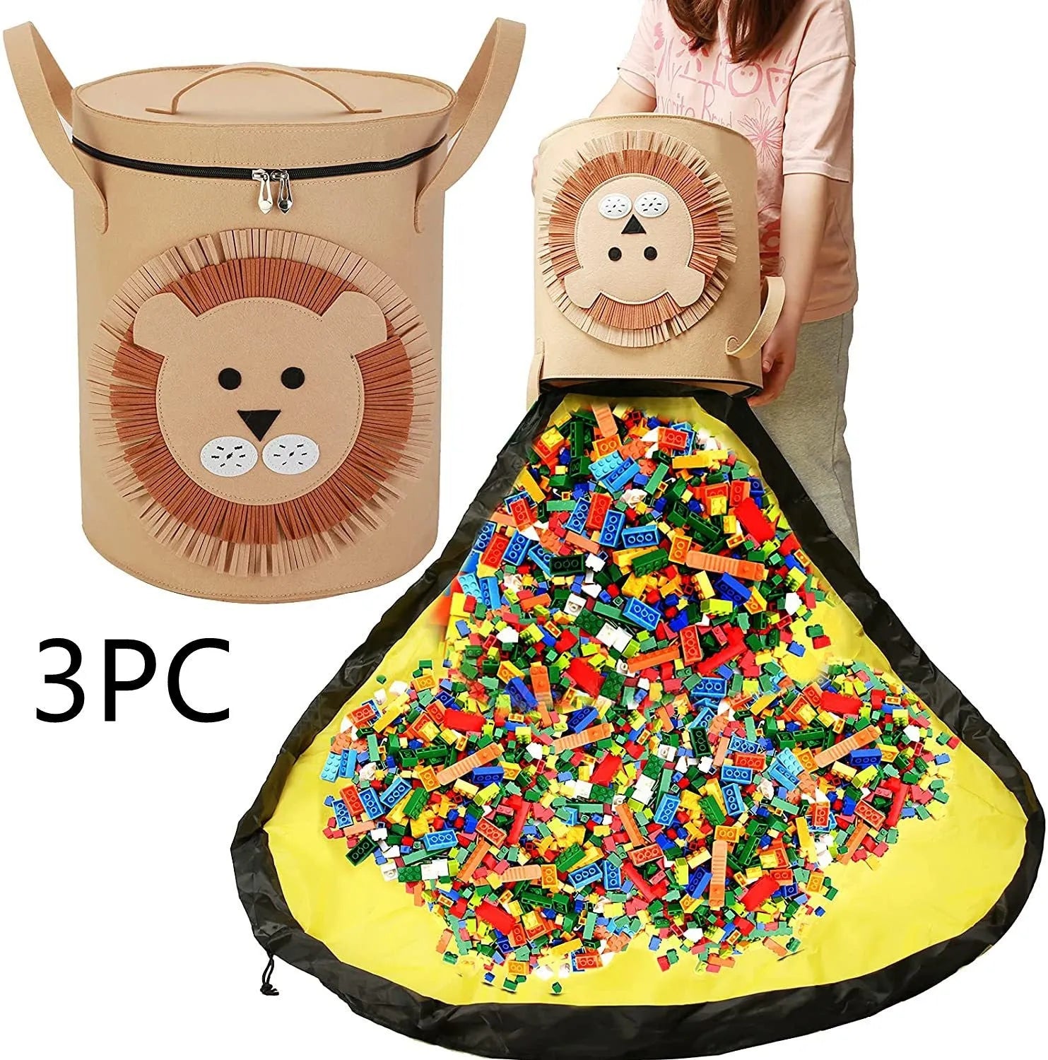 Green felt cube storage bag with pull rope closure shown as toy play mat