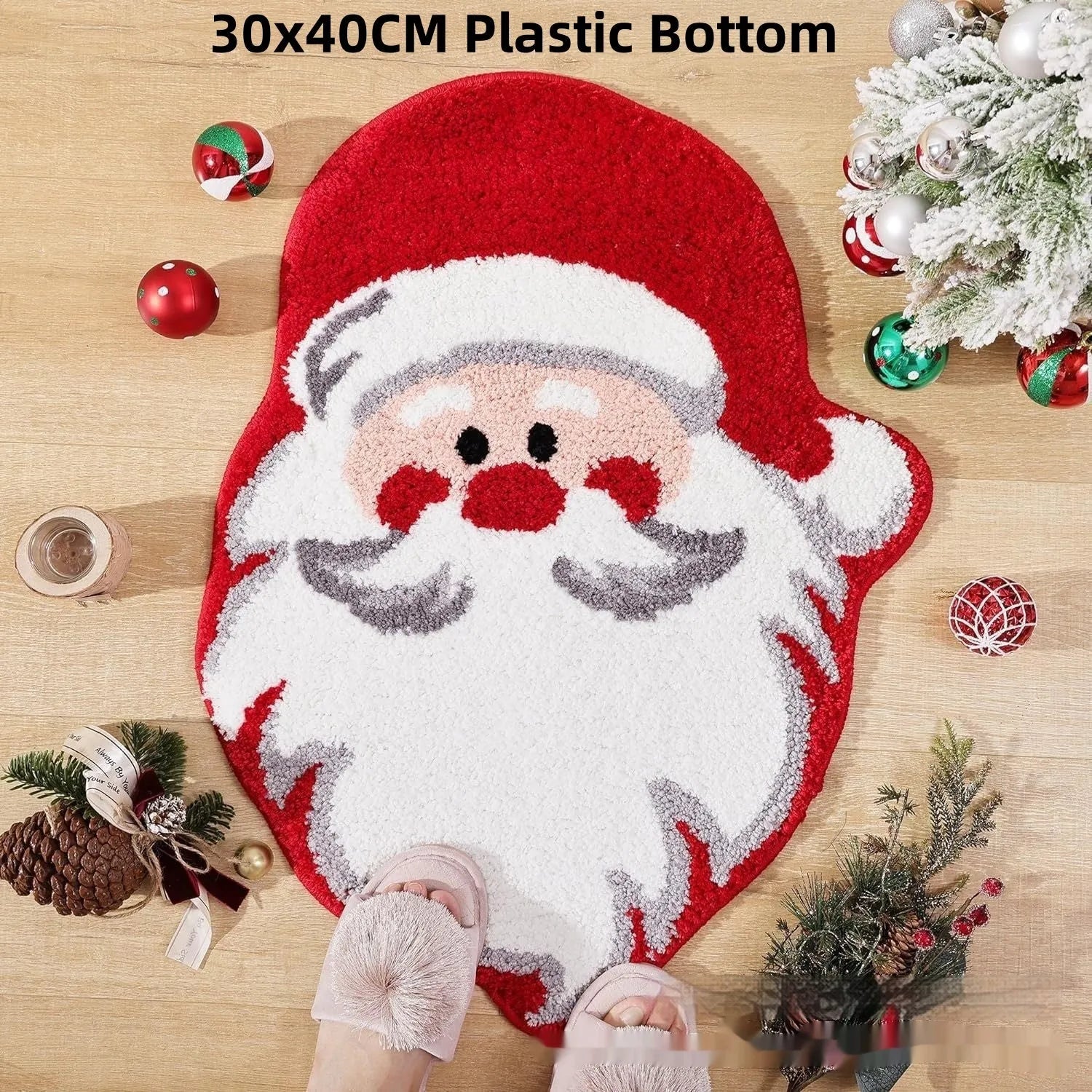 Christmas hallway mat with irregular shape and festive printed designs including Santa Claus pattern