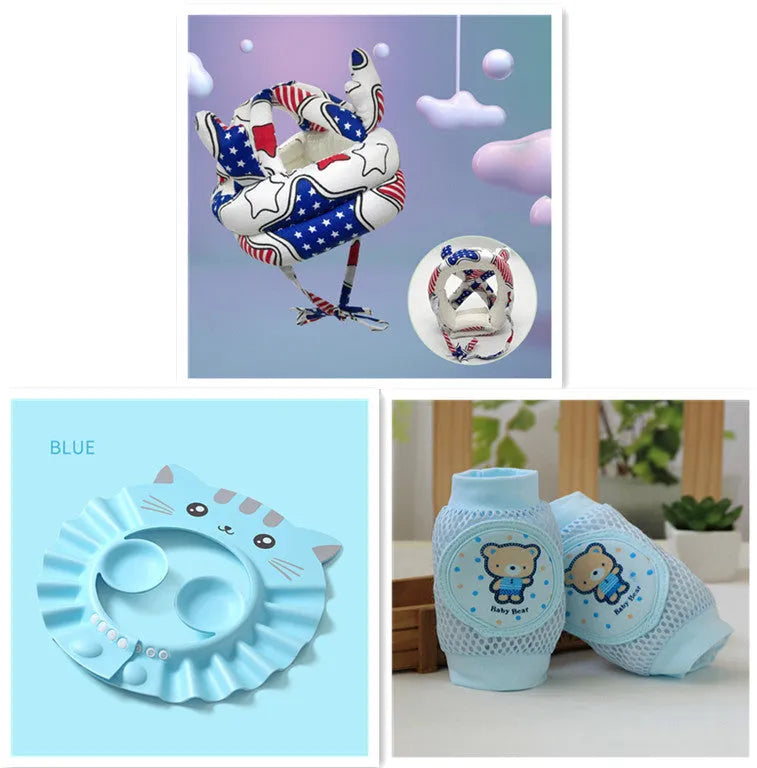 Adjustable baby shampoo cap with ear protectors in cartoon pattern colours for bath time