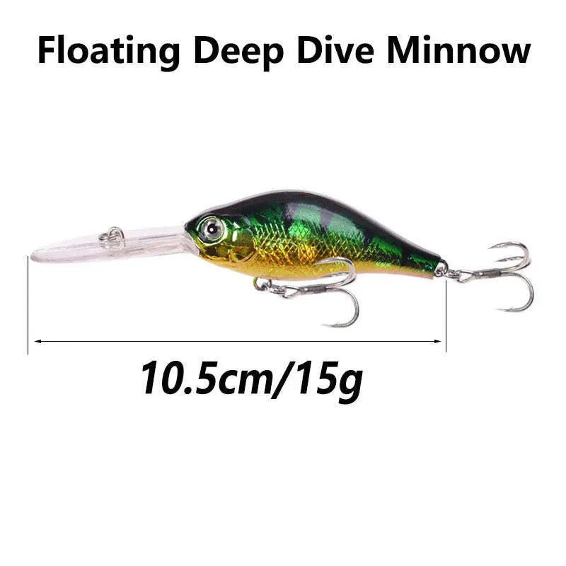 10.5cm deep diving hard fishing lure with a long tongue board, shown in Colour A.
