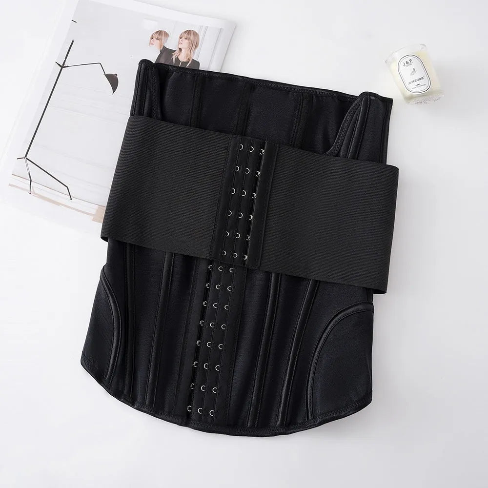 Nylon belly band waist trainer in black or apricot with belt tie fastener
