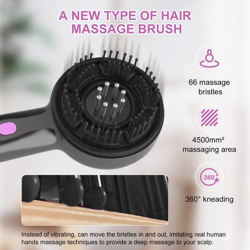 USB-powered anti-leak head massager comb in grey, showing the vibration head and mechanical speed control switch.