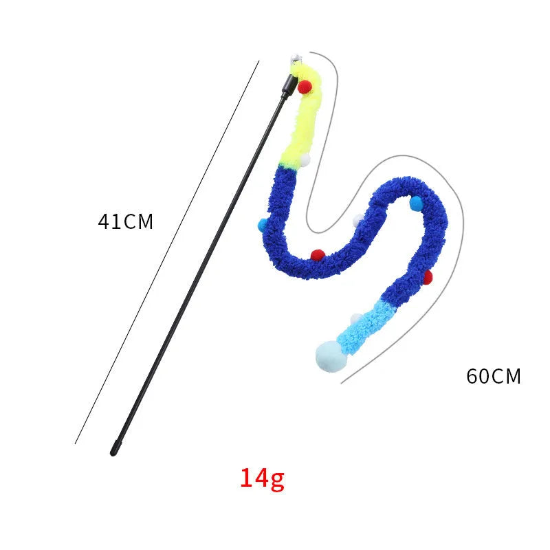 Blue green and pink plush strip cat teaser wand with bell on a 41cm pole