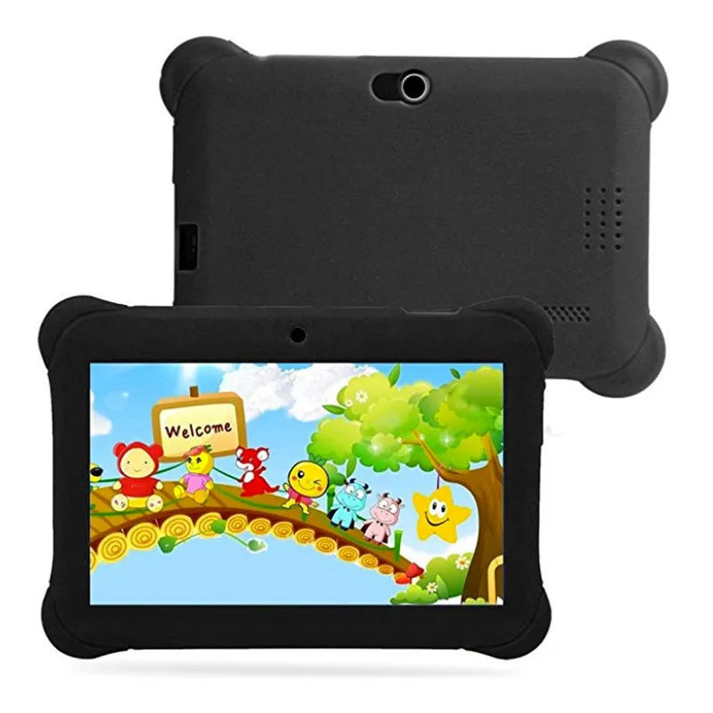 Children's tablet with 7-inch capacitive touch screen in black, showing front display and ABS plastic shell