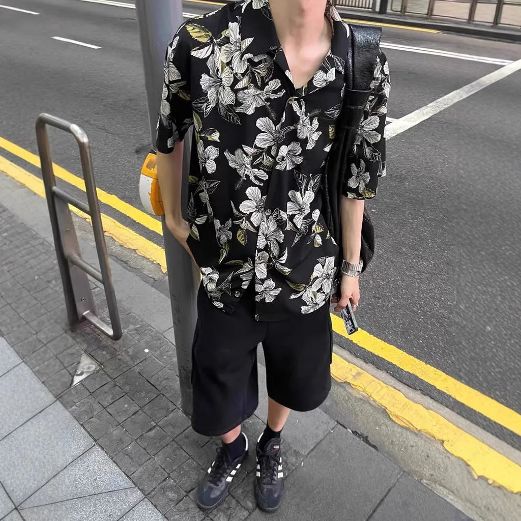 Black floral print men's shirt with a Cuban collar and short sleeves, made from ice silk fabric.