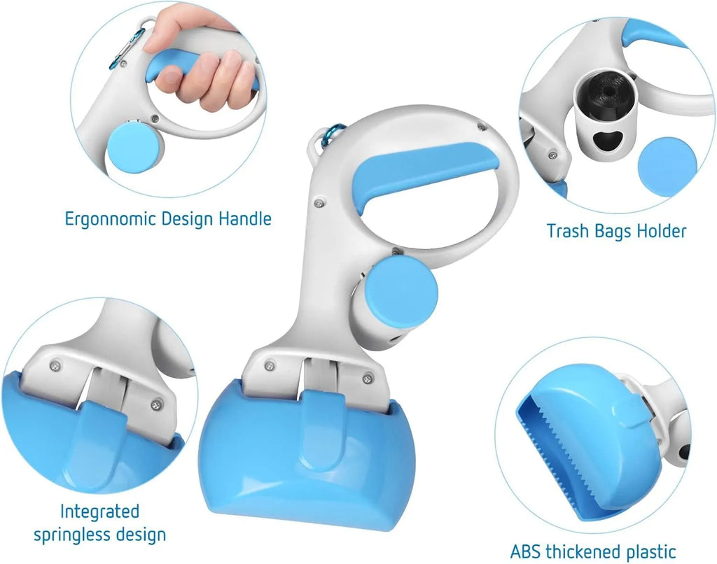 Blue pet pooper scooper with integrated trash bag holder and top carry hook.