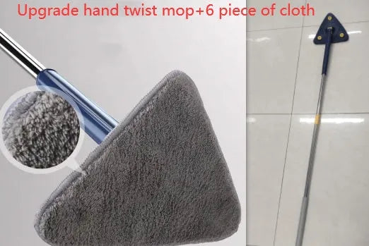 Blue triangle cleaning mop with rotating head and extendable stainless steel pole on a tiled floor