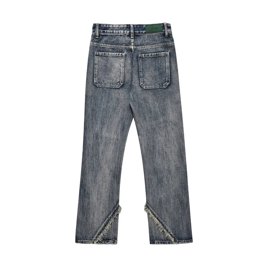 Men's blue denim punk loose straight trousers flat lay