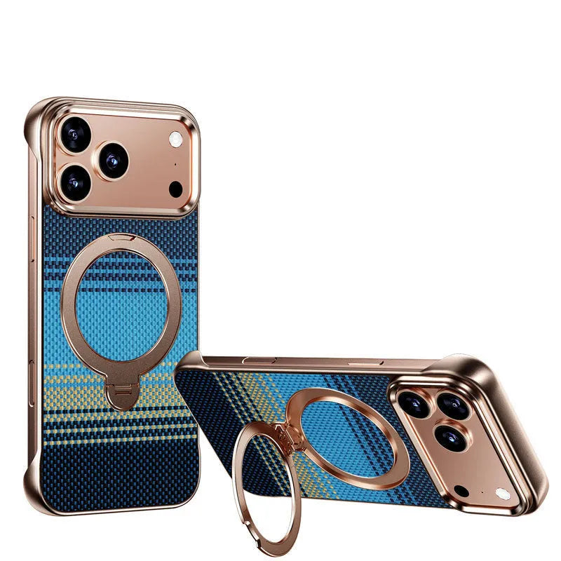 Black aramid fiber frameless phone case with bracket for iPhone 15 Pro Max