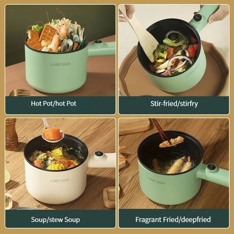 White, green, and khaki mini electric hot pot with non-stick interior and control panel.