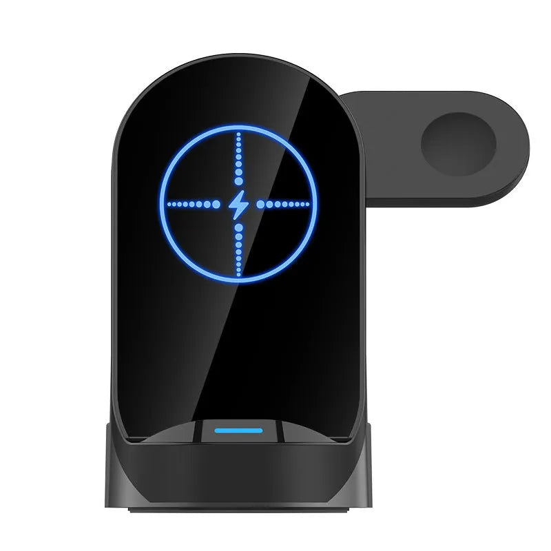 Black grey foldable 3-in-1 wireless charger stand holding a phone, Apple Watch and AirPods case.