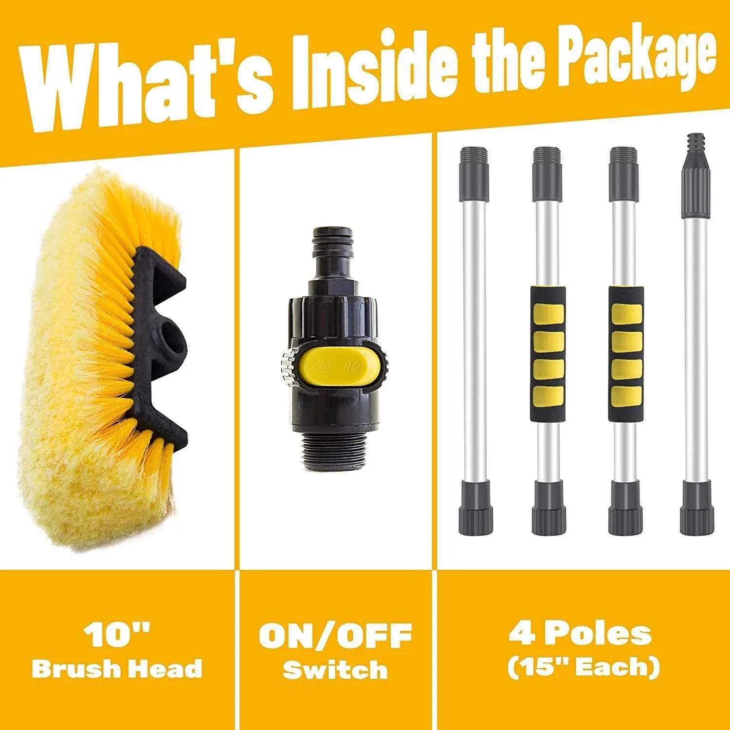 Portable car wash brush with telescopic rod and removable flow-through brush head in multiple colour options