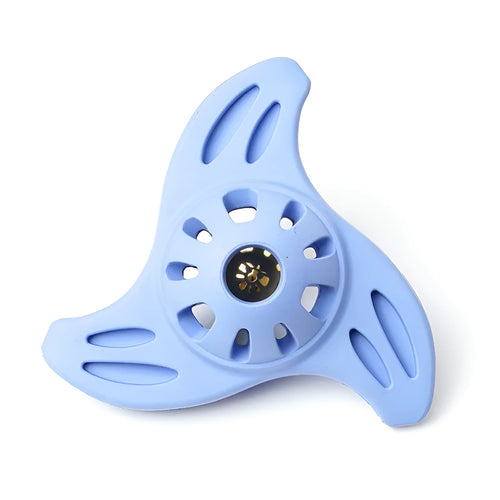 Blue boomerang-shaped dog chew toy with textured molar ridges