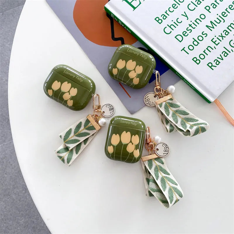 Retro green tulip IMD TPU drop protection flip cover for AirPods case