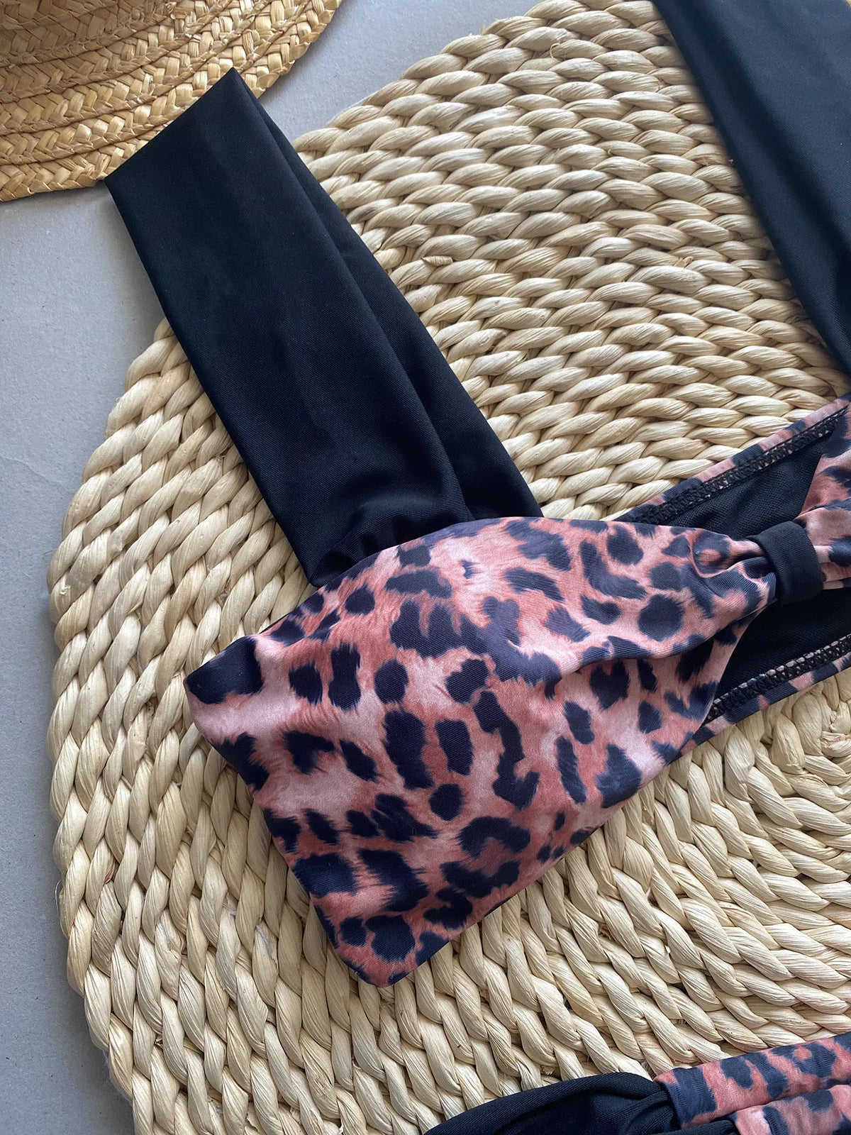 Women's leopard print bikini set with tube top and split panties swimwear