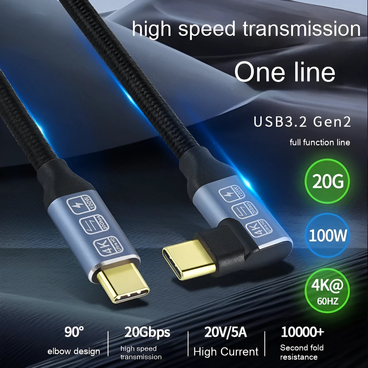 Double Type-C full-function woven fast charging data cable in black single-bend design on grey background