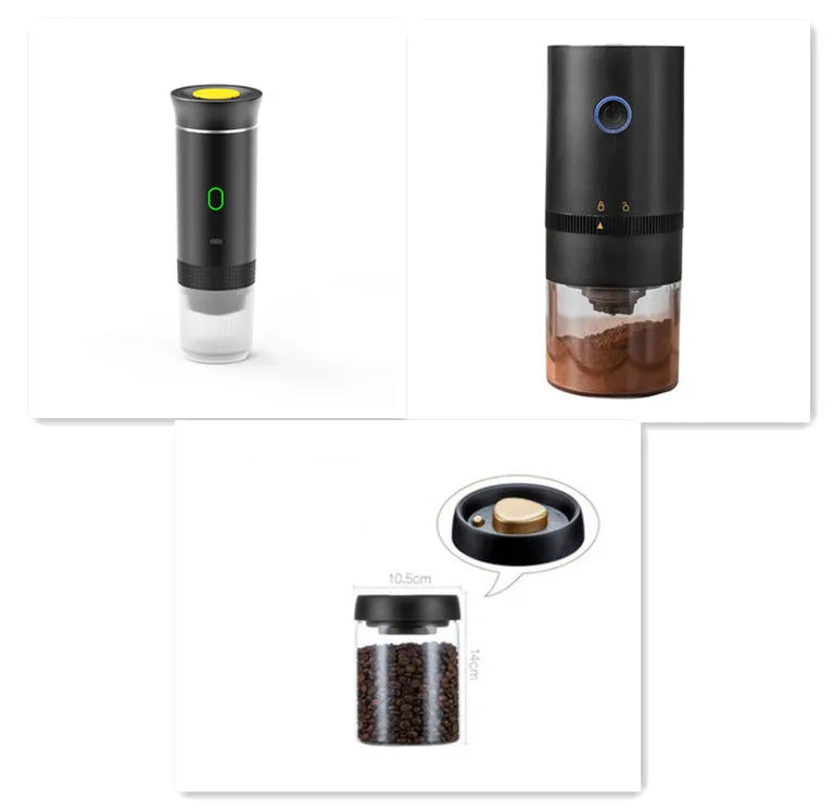 Portable 3-in-1 espresso machine in black grey green silver white colours with USB cable