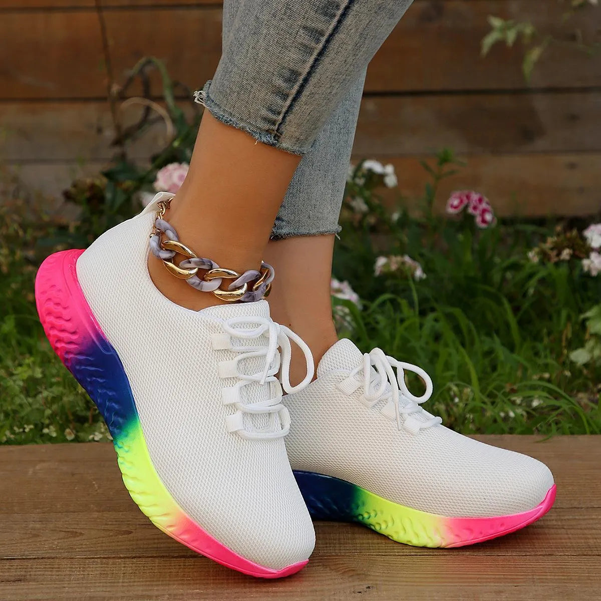 Women's plus size rainbow pumps, flat heel, low top, front lace-up, yellow black white, sizes 36-43