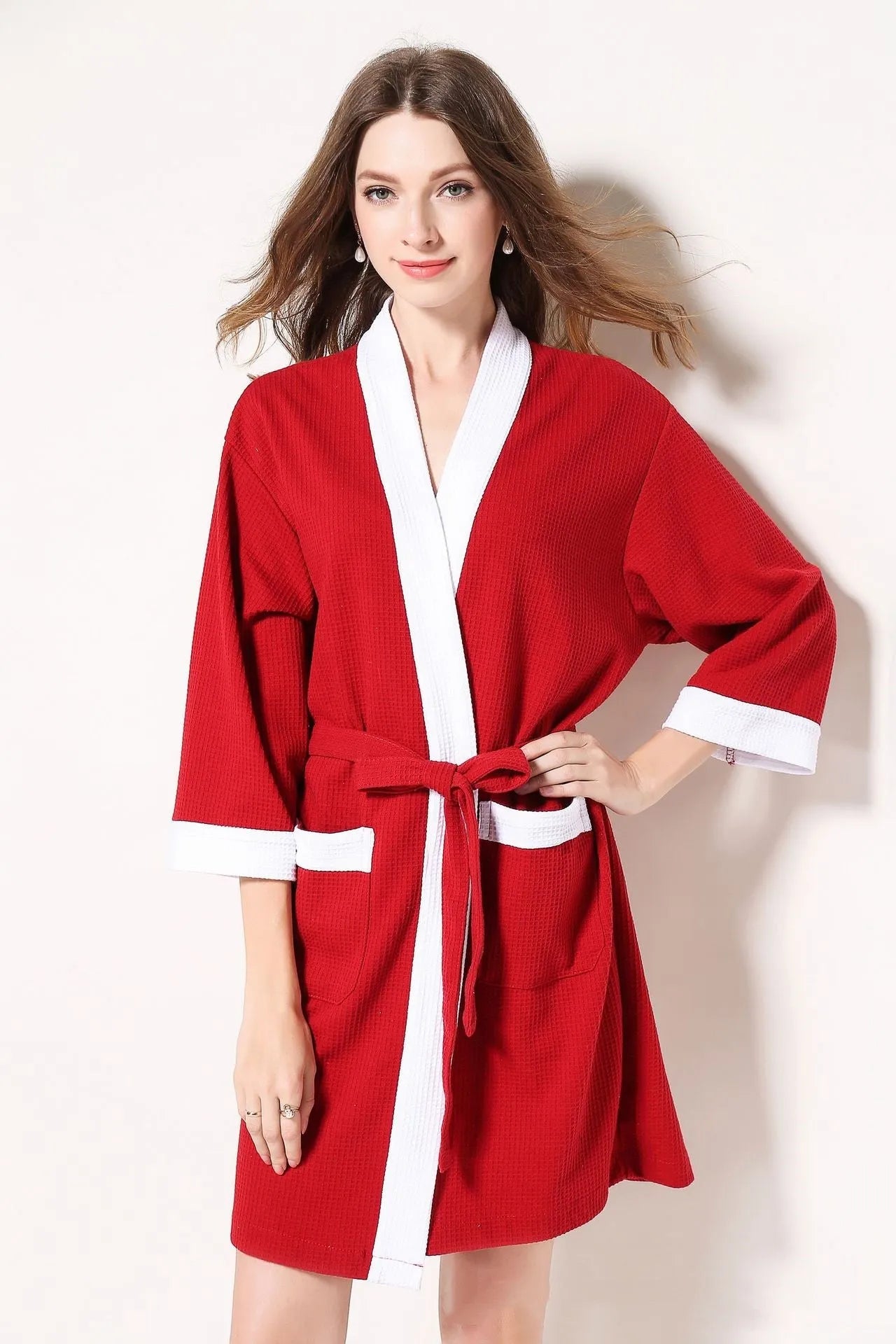 Cotton waffle robe bathrobe towel cardigan for men in gray black with long sleeves and wide brim