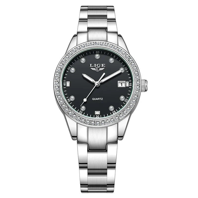 Women's silver fashion watch with diamond markers and luminous hands on stainless steel bracelet